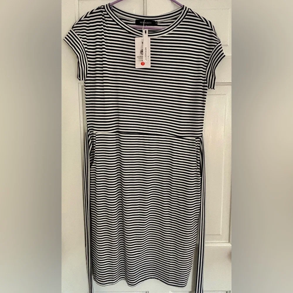 NWT Merokeety Blue White Striped Midi Dress Small Coastal Summer Vacation Dress - Picture 2 of 5